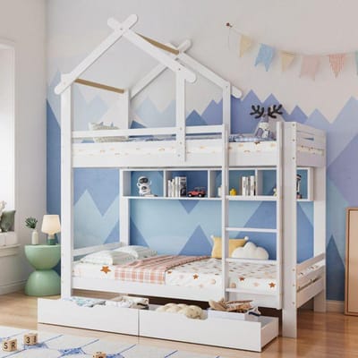 Lit superposé - MUVOE - 90x200cm - Blanc - Avec tiroirs et étagères - Sécurisé pour enfants blanc