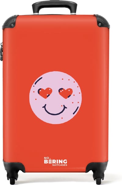 NoBoringSuitcases.com® - Handbagage koffer lichtgewicht - Reiskoffer trolley - Rood met roze verliefde smiley - Rolkoffer met wieltjes - Past binnen 55x40x20 en 55x35x25