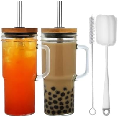 PromoHome Glazen Drinkbekers Set - 2 Stuks Met Handvat en Rietjes - 710ml