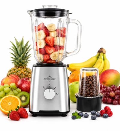 Swiss Haus® BL2215 Blender - 500W Smoothie Maker – 1.5L Glazen Kan & Grinder – RVS Messen – 2 Snelheden + Pulse – Vaatwasbestendig – Veiligheidsmicro-schakelaar – RVS