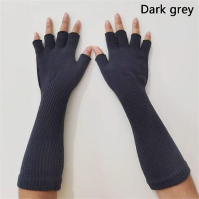 1 Paar Lange Gebreide Unisex Halve Vinger Handschoenen Vrouwen Meisjes Herfst Winter Armwarmer Elleboog Lang Warm Werkhandschoenen donkergrijze kleur