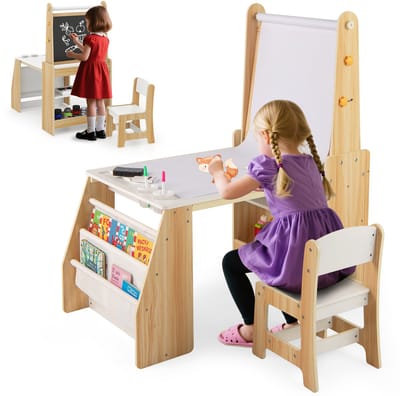 COSTWAY Kindertafel met stoel en ezel, houten zitgroep met whiteboard en krijtbord en boekenkast, schildertafel incl. papierrol en accessoires, 3-in-1 zitgroep voor kinderen vanaf 3 jaar (natuur)