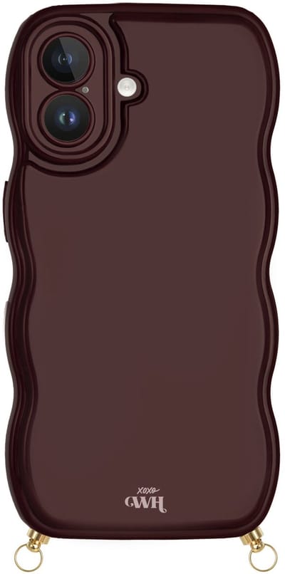 xoxo Wildhearts Glossy Wavy Cord Case Burgundy telefoonhoesje - Geschikt voor iPhone 16 - Golvend hoesje geschikt voor telefoonkoord - Glimmende silicone case met golven - Vlekbestendig hoesje met haakjes - Burgundy / Bordeaux Rood