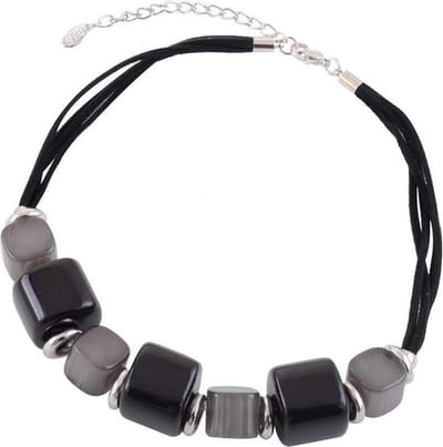 Behave - Korte ketting met koord en kunststof kralen, zwart-donker grijs - 44 cm + verlengketting