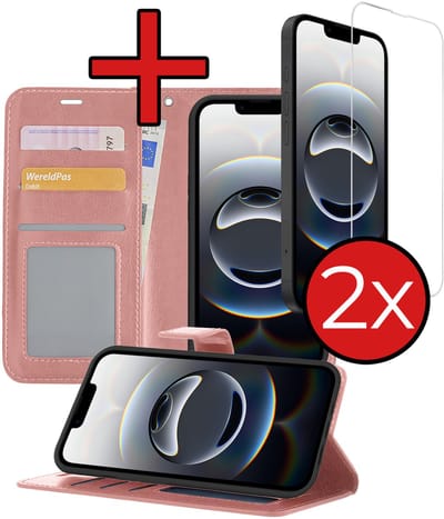 Hoesje - Met 2x Screenprotector - Geschikt voor Apple iPhone 16e / 17e - Luxe Pasjeshouder - Flip Case - Bookcase Portemonee - Kunstleer Book Case - Flipcase Hoes - Book Cover - Walletcase - Portemonneehoes - Telefoonhoes - Rosé goud