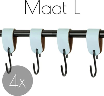 4x Leren S-haak hangers - Handles and more® | LICHTBLAUW - maat L (Leren S-haken - S haken - handdoekkaakje - kapstokhaak - ophanghaken)