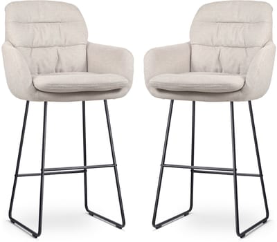 Nolon Nino-Mia Barkrukken Set van 2 Beige - met Armleuning - Zwart Onderstel - 75 cm - Barkruk met Rugleuning