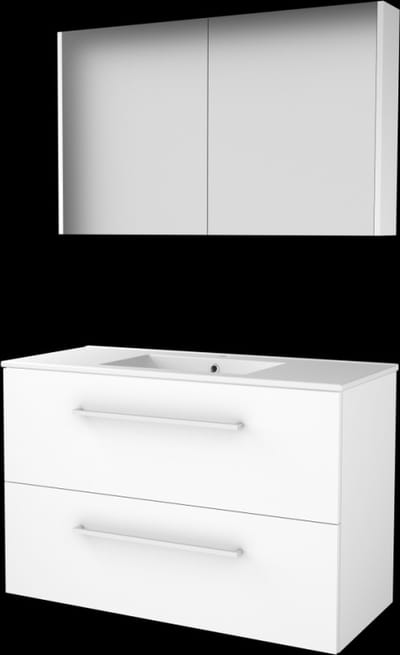 Basic Comfort 46 badmeubelset met spiegelkast, wastafelonderkast met grepen, 2 lades en porseleinen wastafel met 1 kraangat 100 x 46 cm, ice white