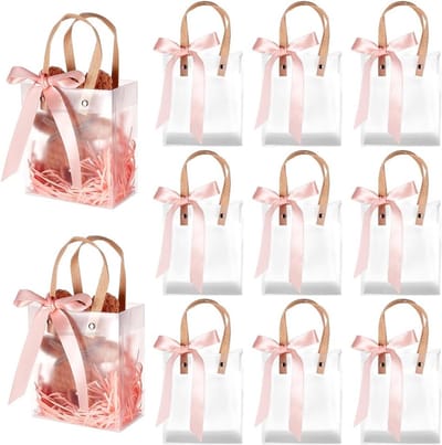 KZQ Cadeautasjes - Transparante cadeautasjes met handvat - Rechthoekige matte tasjes - Met roze lint - 24 tasjes - 15 x 13 x 7 cm - Herbruikbare plastic cadeautasjes - Geschikt voor bruiloften, bruidsmeisjes, enz.