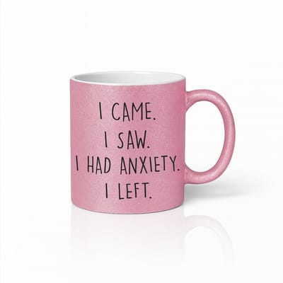 Grappige Angst Quote Mok – “Ik Kwam. Ik Zag. Ik Had Angst. Ik Ging Weg.” Roze Glitter Koffiemok 330ml