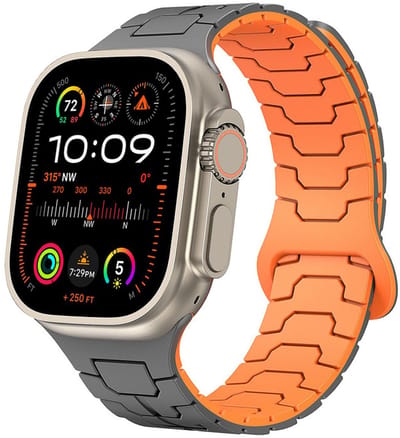Siliconen bandje - geschikt voor Apple Watch series 1/2/3/4/5/6/7/8/9/10/11/ SE (1,2,3) / Ultra (1,2,3) met maat 44 mm / 45 mm / 46 mm / 49 mm - magneet sluiting - grijs oranje