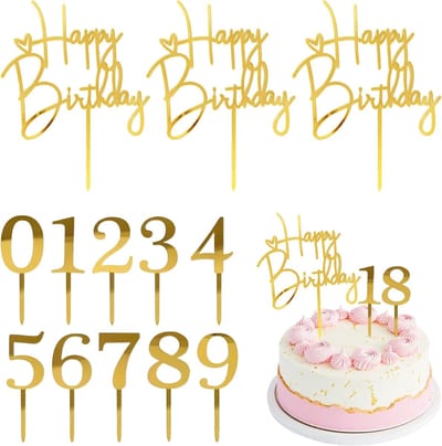 Gelukkige Verjaardag Taartdecoratie Set met 13 Stukken, Gouden Acryl Toppers met Cijfers 0-9, Herbruikbare Versiering voor Feestelijke Taarten