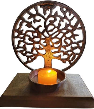 beeld levensboom waxinelichthouder - kracht delen in moeilijke tijden - 10x17x20 cm - zilver - aluminium en hout