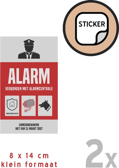 Pictogram/ stickers (2x) (klein) | "Alarm - Verbonden met alarmcentrale" | 8 x 14 cm | Sticker | Camerabewaking | Toezicht | CCTV | Waakhond | Raamsticker | 2 stuks