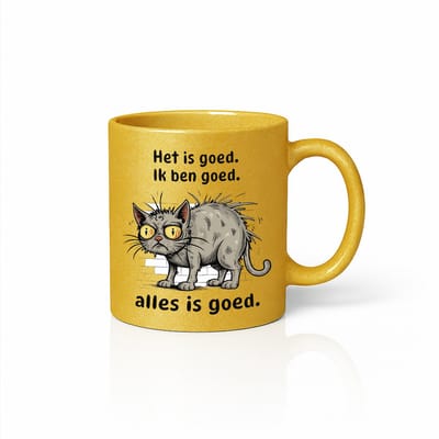 Gouden Mok – “Het is goed. Ik ben goed. Alles is goed.” – Grappige Gestreste Kat Design – Humoristisch Cadeau voor Katzenliefhebbers – 330ml Keramische Beker