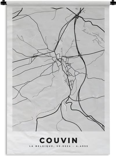 Wandkleed - Wanddoek - Stadskaart – Zwart Wit - Kaart – Couvin – België – Plattegrond - 120x180 cm - Wandtapijt