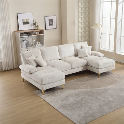 YEHTOKHOME Moderne U-vormige Bank - Chenille-stof - 4-zitsbank - Gestoffeerde bank met dubbele toffee stoel - Gouden metalen poten - Vier kussens - Beige