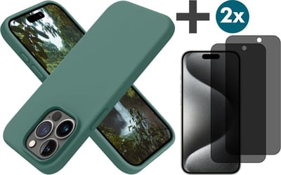 Hoesje met Privacy Screenprotectors 2 Stuks Geschikt voor iPhone 15 Pro Max Hoesje Siliconen - liquid case - Arara Backcover - Groen