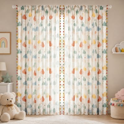 Qelus 2 Stuks Kinderkamer Gordijnen - Wolken Print Vitrage - 132x175cm - Voile Gordijnen - linnenlook - lichtdoorlatend - voor babykamer - speelkamer - Met Pompons aan één zijde