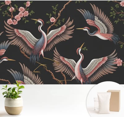 Wallfluent Behang - Bloemenpatroon Muurbehang - 104x70 cm - Zwart Behang - Voor natuurliefhebbers en liefhebbers van minimalisme - Behang Voor de slaapkamer, woonkamer en badkamer - Wanddecoratie Dieren