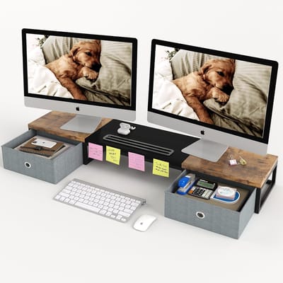 Famanu – Grote monitorstandaard met opbergruimte voor 2 monitoren - houten bureau-organizer - zwart/bruin - 100 cm