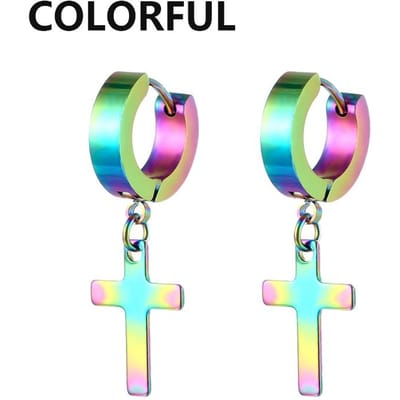 1 paar punk roestvrijstalen kruis hanger hoepel oorbellen voor mannen vrouwen niet vervagen oorbellen hiphop mannelijke sieraden blue