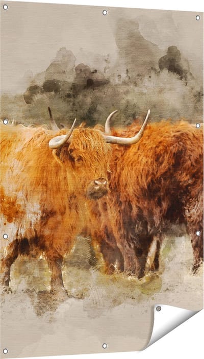 Gards Tuinposter Twee Schotse Hooglander Koeien - Abstract - 80x120 cm - Tuindoek - Tuindecoratie - Wanddecoratie buiten - Tuinschilderij