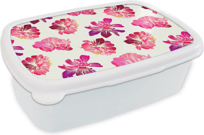 Broodtrommel Wit - Lunchbox - Brooddoos - Bloemen - Roze - Patroon - 18x12x6 cm - Volwassenen