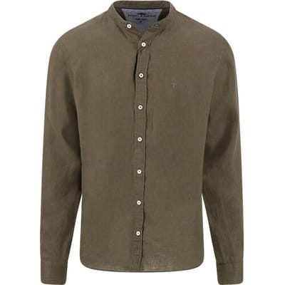 Fynch-Hatton Overhemd Solid Color Premium Linnen Stand-Up Collar Donker Khaki / male