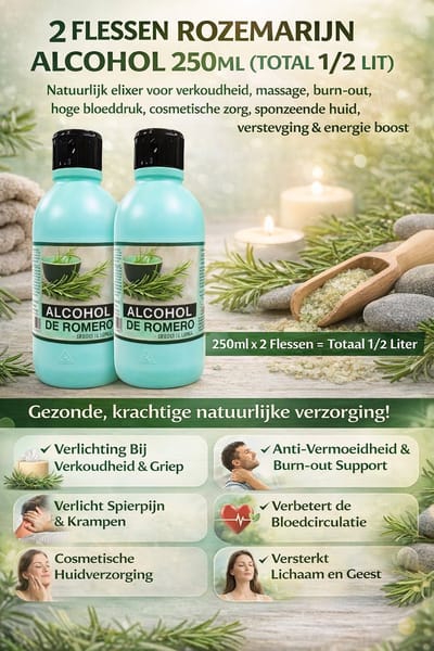 2 FLESSEN ROZEMARIJN ALCOHOL 250ML (TOTAL 1/2 LIT) NATUURLIJK ELIXER VOOR VERKOUDHEID, MASSAGE, BURN-OUT, HOGE BLOEDDRUK, COSMETISCHE ZORG, SPONZENDE HUID, VERSTEVIGING & ENERGIE BOOST