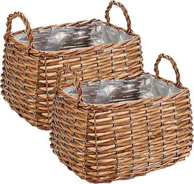 Set van 2x stuks plantenbak manden gevlochten riet met binnenmand 26 x 21 x 16 cm - Voor binnen/buiten