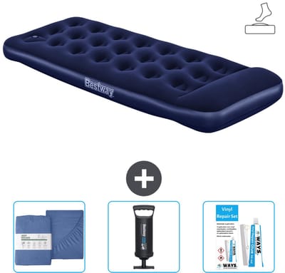 Bestway luchtbed - 1-Persoons - 76 x 185 x 28 cm - Blauw - Inclusief pomp - Hoeslaken - Pomp en Reparatieset
