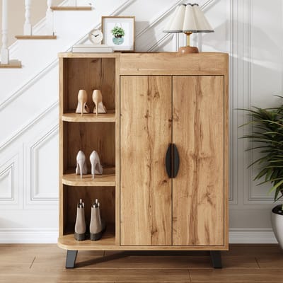 VVBV Hal Schoenenkast met Open Vakken, Smal Model - Ruimtebesparend, Voor Hal/Entree, Deuren - Hout