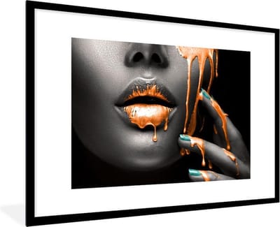 Fotolijst incl. Poster - Lippen - Oranje - Zwart - 90x60 cm - Posterlijst