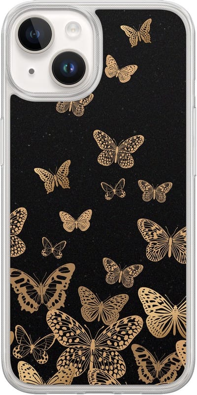 Hoesje geschikt voor iPhone 14 - Vlinders - 2in1 backcover - Print / Illustratie - Zwart, Goud - Leuke Telefoonhoesjes