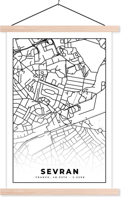 Posterhanger incl. Poster 40x60 cm - Schoolplaat - Kaart - Sevran - Frankrijk - Stadskaart - Plattegrond - Zwart wit - Textielposter - Blanke latten - Stadskaart