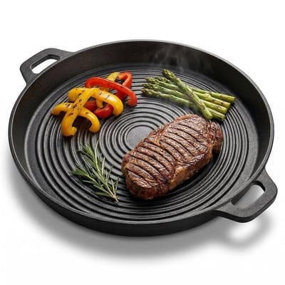 Lomera Grillpan voor de BBQ - Grillplaat - Barbecuepan - Grillpan Gietijzer - Steakpan - Barbecue - Plancha - Dubbelzijdig - Vuurpan - Camping - BBQ Accessoires - Rond - Grillrooster - Vleespan - Gasgrill - Houtskoolgrill - Tuin met Handgrepen