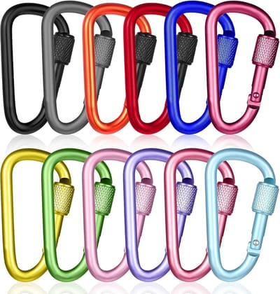 12 stuks D-vormige karabijnhaak, 5,6 cm kleine karabijnhaak met schroefdeur, kliksluiting sportaccessoires voor outdoor kamperen en wandelen, clips met schroefsluiting, veelkleurig