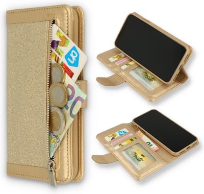 HB Hoesje Geschikt voor Apple iPhone 11 Pro - Goud - Glitter - Luxe Portemonnee Book Case met Rits
