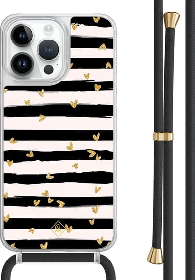 Casimoda® hoesje met zwart koord - Geschikt voor iPhone 13 Pro Max - Hart Streepjes - Afneembaar koord - TPU/polycarbonaat - Zwart