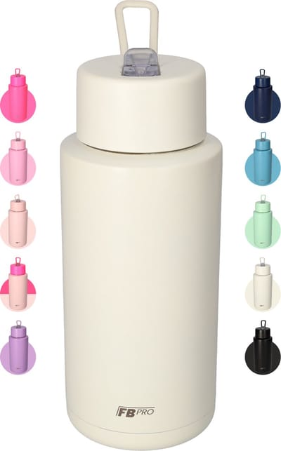 Thermosfles, Waterfles, Drinkfles – Modern & Slank Design – 1000 ml – Wit – Met Uitklapbare Drinktuit