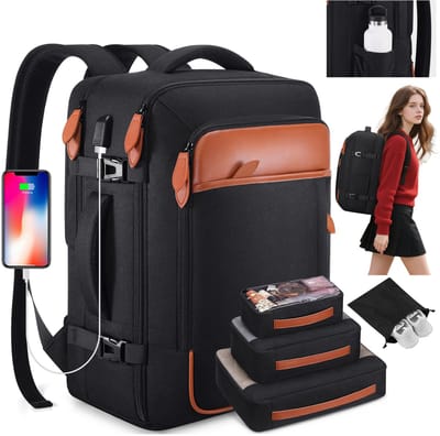 Wishdor Uitbreidbare reisrugzak 40L - Met 4 inpakblokken en USB poort - Laptopvak 17 inch en anti-diefstal - Voor handbagage en reizen - Polyester - Zwart - L 50 x B 32 x H 12 cm