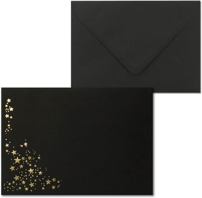 250x Zwarte Kerst Enveloppen DIN B6 met Gouden Metallic Sterrenregen 120x176 mm