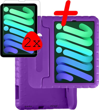 Hoesje Geschikt voor Apple iPad Mini 6 (2021) - 8.3 inch - 6e Generatie - Met 2x Screenprotector - Kinderhoes Shockproof Bumper - Kidsproof Case - Tablet Hoes - Kinder Hoes Cover - Paars