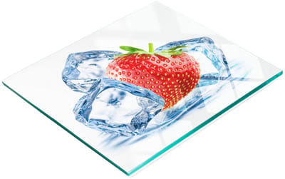 Keukenplank van gehard glas met afbeelding van aardbeien en ijs, 60x52 cm