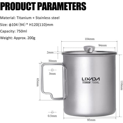 Lixada 750ml Titanium Koffiekop Mok French Press Pot Koffiezetapparaat met Deksel Outdoor Kamperen Kookpot 750ml Pot without ring