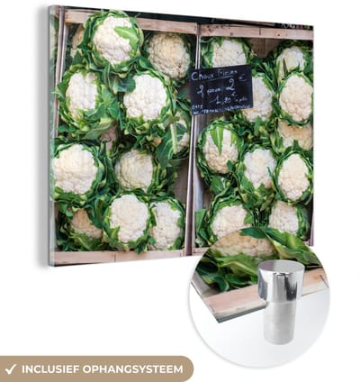 ® Glasschilderij 160x120 cm - Schilderij acrylglas - Verschillende bloemkolen in een twee verkoopbakken - Foto op glas - Muurdecoratie woonkamer - Wanddecoratie slaapkamer - Schilderijen