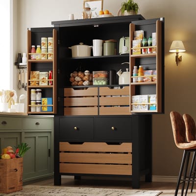 REDOM - Keukenkast met opbergruimte - Twee deuren en vijf lades - Twee vaste legplanken - MDF, PB en metaal - Keuken, eetkamer, woonkamer - Zwart - 80 x 40 x 140 cm