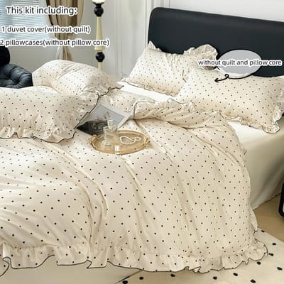 3-delige Koreaanse kant Dekbedovertrek Set (1*Dekbedovertrek + 2*Kussensloop, Zonder Vulling), Zwart stipjesprint Beddengoed Set 135x200cm 3pcs white