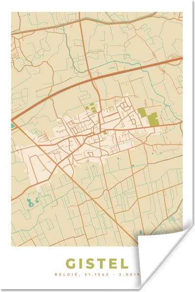 Poster België - Gistel - Stadskaart - Kaart - Plattegrond - 120x180 cm XXL